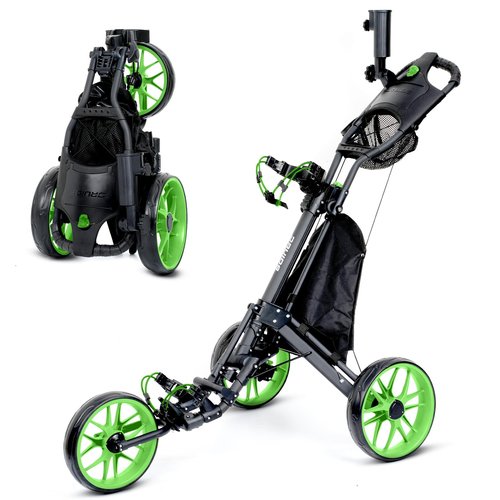 DRUIDS 3 Wheel Golf Club Caddy Cart : Easy Fold Pushing Golf cart, Adjustable Walker Trolley Golf Cart, Pull Type Golf Caddie with Cup, Umbrella Holder, Cooler, Green