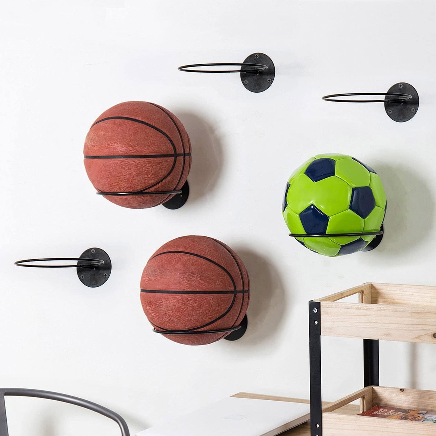 MyGift Wall Mounted Black Metal Sports Ball Storage, 7 Inch Round Display Rack for Soccer Ball, Volleyball, Basketball Holder, Set of 6