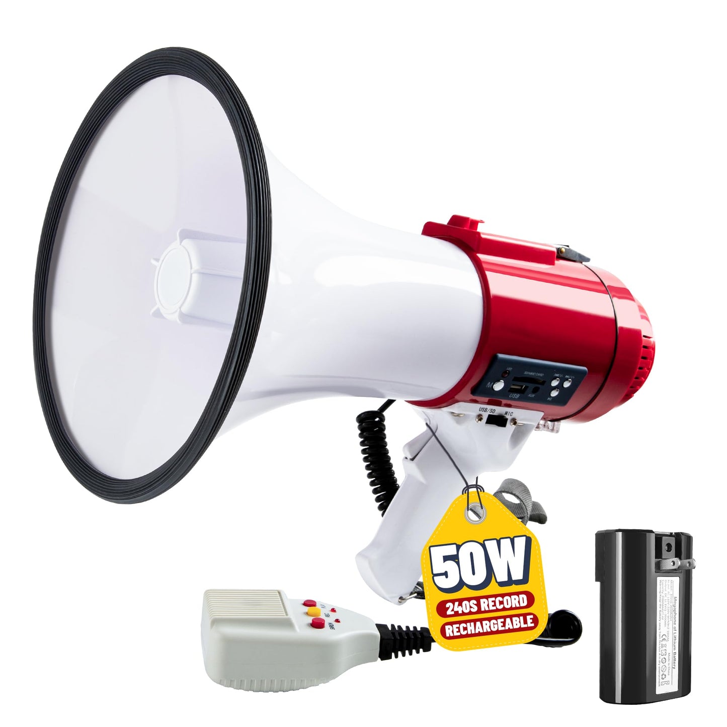 MyMealivos Megaphone with Siren Bullhorn 50 Watt Bullhorn Speaker with Detachable Microphone, Portable Lightweight Strap & 3.5mm Aux Input (Red and White)