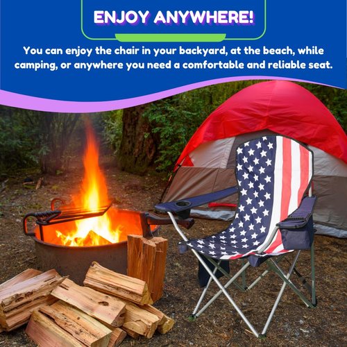 EZONE Set of 2 Camping Chairs with Built-in Ice Cooler, Portable Chair, Storage Pocket, Cup Holder, and Carry Bag Perfect for Camping, Tailgating, Fishing, Beach, and Lawn (2, Flag)
