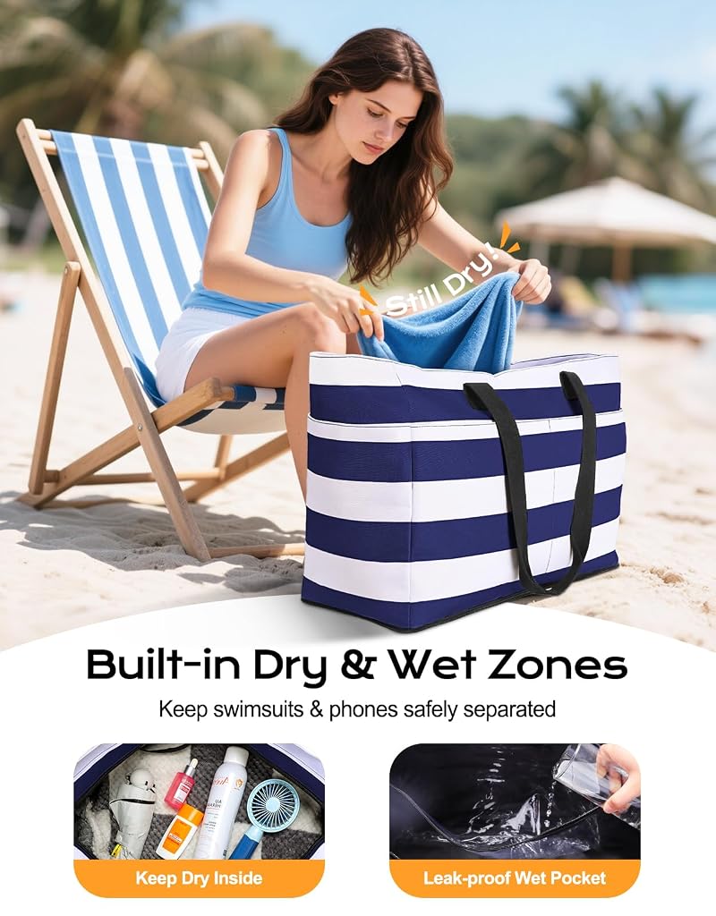 54L Beach Bag with Detachable Cooler Navyblue – Waterproof Sandproof Duffle for Beach, Pool & Travel