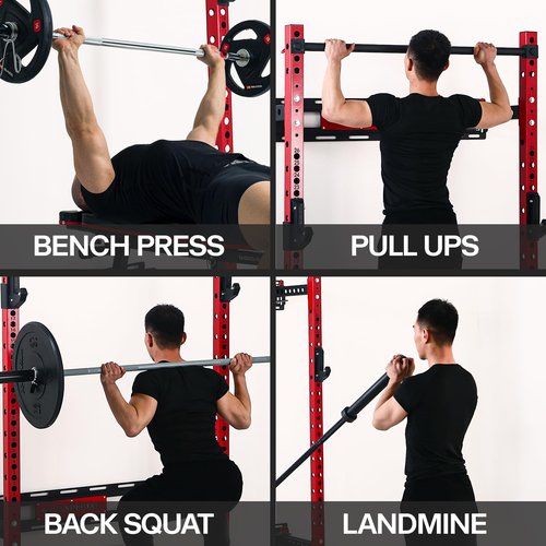 Mappding Folding Squat Rack Wall Mounted, 1100LBS Foldable Squat Power Rack Weight Cage with Pull Up Bar, J-Cups, Landmine and Partable Space Saving Free Standing for Home Gym Garage Workout, Red