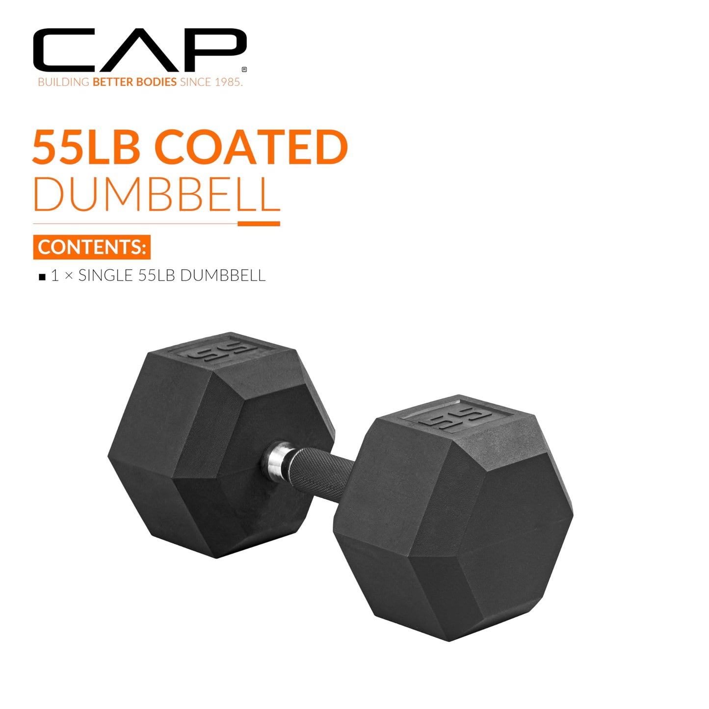 CAP 55 LB Rubber Coated Hex Dumbbell Weight, Rubber Free Weights for Home Gym Strength Training, Comfort Grip Handle, Single