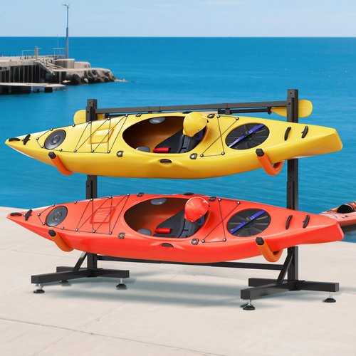 SPECRAFT Freestanding Kayak Storage Rack for 2 Kayaks, Adjustable Width Stand with Stable T-Base, EVA Tube Sleeves, for Indoor Outdoor Garage