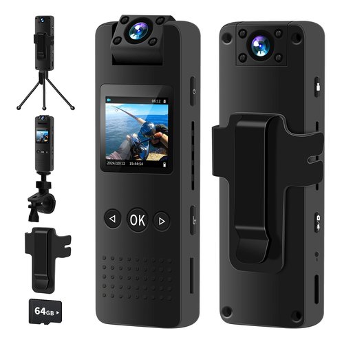 Body Camera with Audio and Video Recording, 1080P FHD Body Cam with 180° Rotating Lens, 8HR Battery & Night Vision, 64GB Wearable Camera for Pet, Home, Office, Easy-to-Use