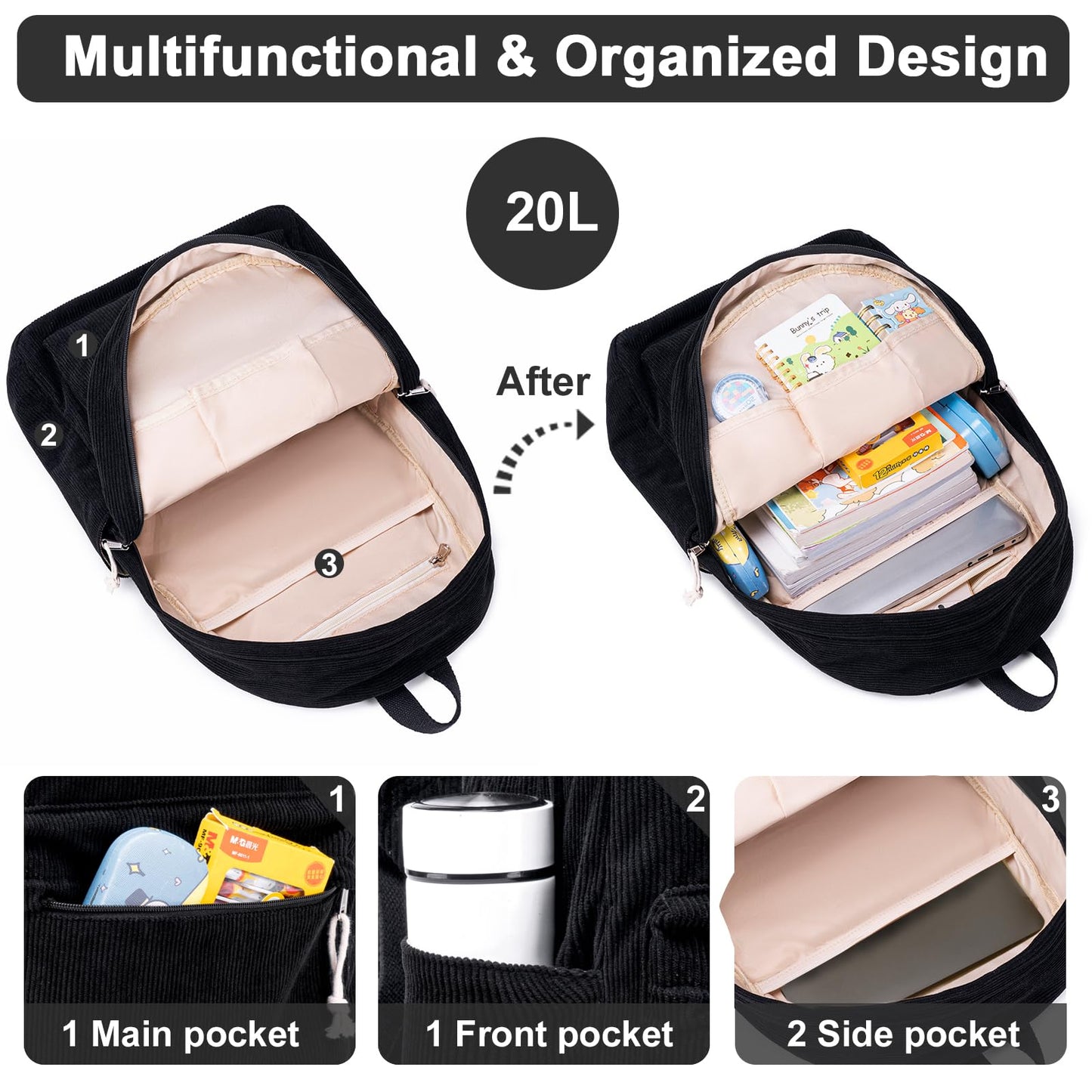 BTOOP School Backpack for Teens Large Corduroy Bookbag Lightweight 15.6 inch Laptop Bag for Girls Women Casual High School College