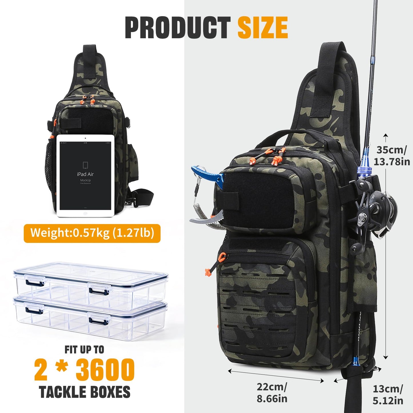 HUNTVP Fishing Sling Bag Lightweight Tackle Bag Small Fishing Backpack Tactical Shoulder Sling Bags with Rod Holder, Storage Gear and Equipment, Gifts for Men (Camo)