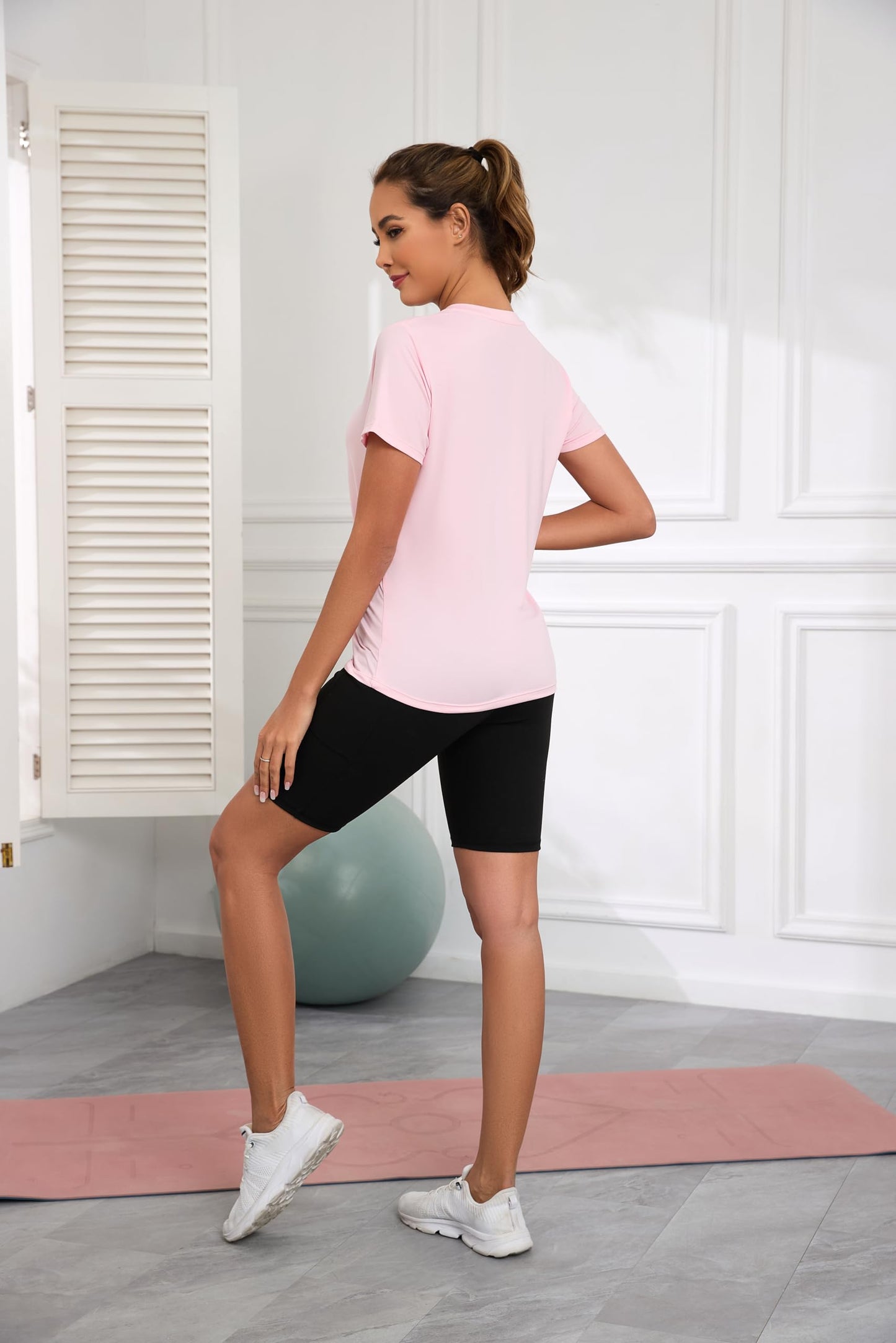 KevaMolly Pink Workout Tops for Women V Neck UPF50+ Breathable Loose Fit Yoga T Shirts Short Sleeve Running Gym Athletic Tee Top M