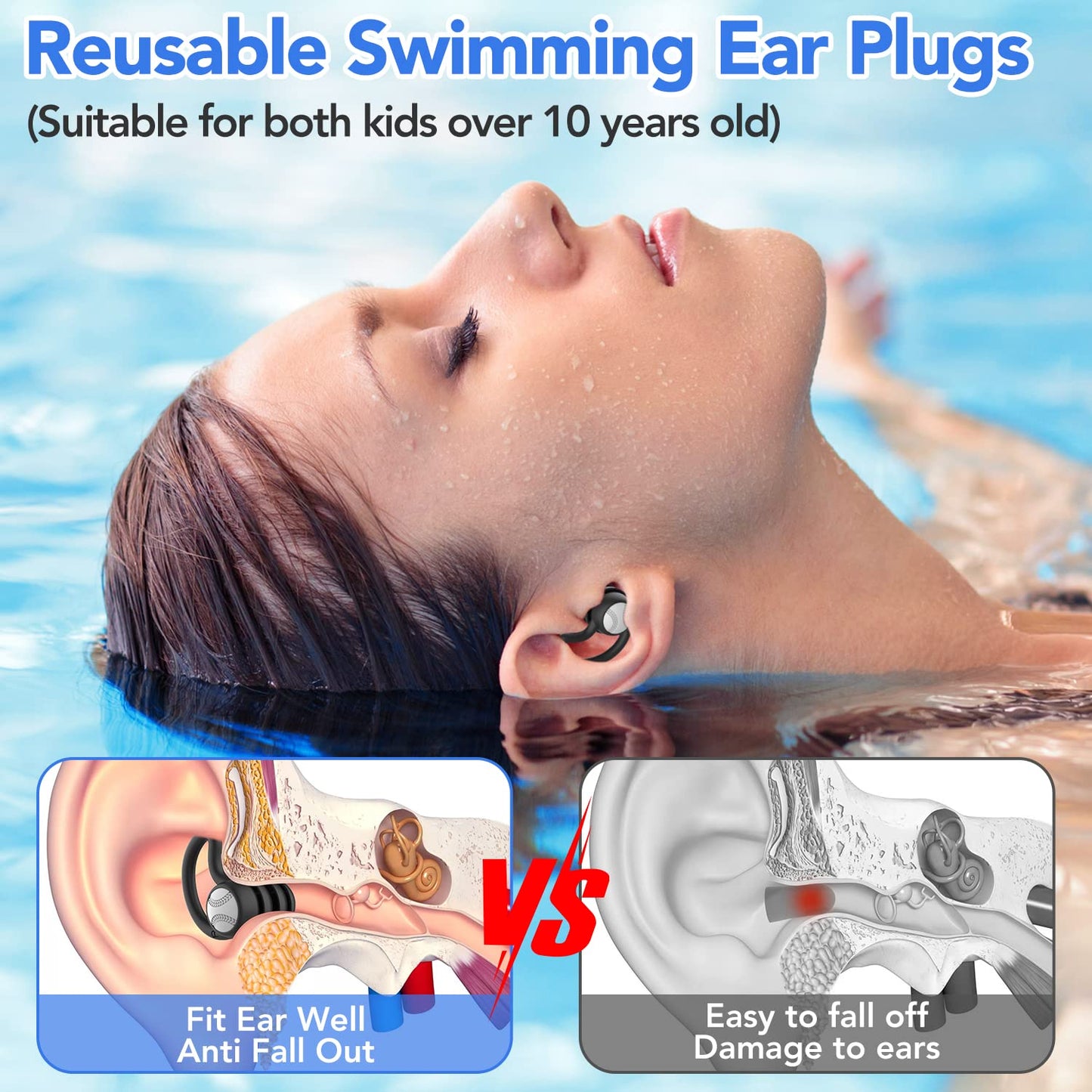 Swimming Ear Plugs Waterproof Earplugs - 3 Pairs Silicone Swim Ear Plugs for Adult Kids, Water Sports Earplugs for Showering, Bathing, Surfing - Keep Ear Water Out (Blue, Black)