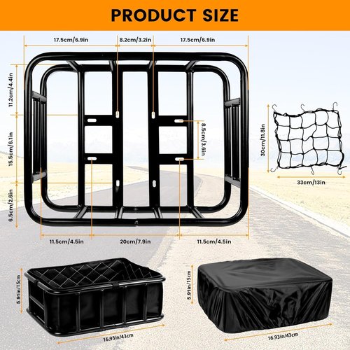 SAMRELAX Bike Basket Rear, Large Bicycle Basket with Cargo Net, Liner and Waterproof Cover for Electirc Bike, Ebike and Bikes, Large Capacity Wire Bakset