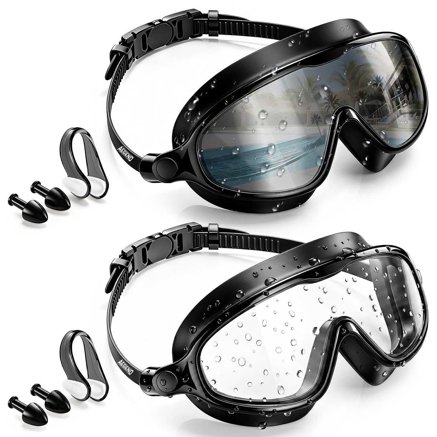 Aegend Swim Goggles for Adult Youth - 2 Pack Wide View Anti-Fog Anti-UV Swimming Goggles for Men & Women (Black & Black Silver)