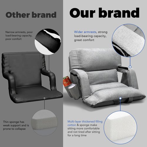 Wide Stadium Seats With Back Support 2 Pack, Exclusive "Sofa Style" Design Extra Thick Bleacher Chairs With Back and Cushion, 6 Reclining Positions - Ultimate Comfort for Sports Events (Grey, 22.5")