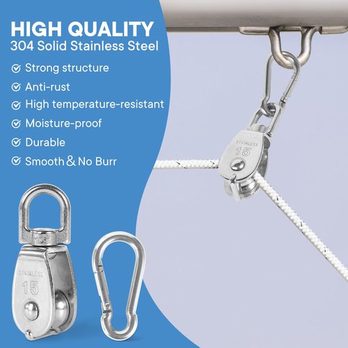 6Pcs 304 Stainless Steel M15 Single Pulley Block, Wire Rope Hanging Wire Towing Wheel, with 6Pcs Spring Snap Hook