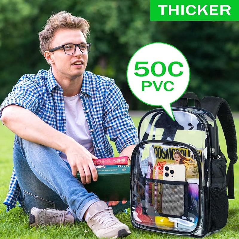 Clear Backpack 16x12x5 - Heavy Duty See-Through School/ Stadium Backpack - Black Variation Included