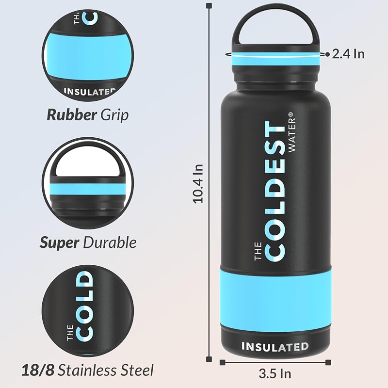 Coldest Insulated Water Bottle with Handle Lid 32oz Matte Black - Leak Proof Triple Wall Stainless