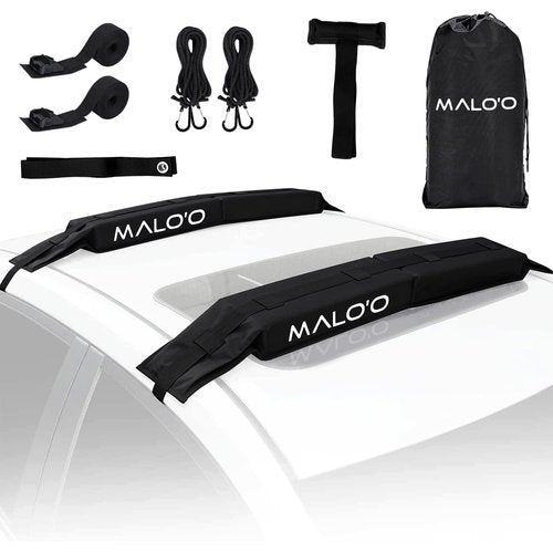 Malo’o Universal 32” Soft Roof Rack Pads for Surfboards/SUP/Kayaks/Canoes with 15’ Board Straps, Malo'o Storage Bag - No Bars gutters Required - Car Rack for Surfboard Supports 3 Boards