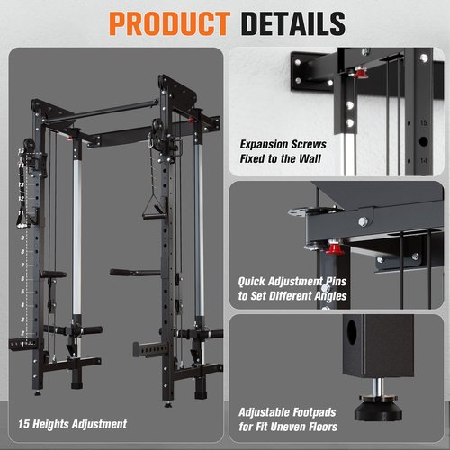 FiitDavz Folding Squat Rack - Wall Mounted Power Rack Cage with Cable Crossover Machine & LAT Pull Down - Functional Home Gym Trainer with 5 Adjustable Modes - with Safety Arm and Dips Attachment