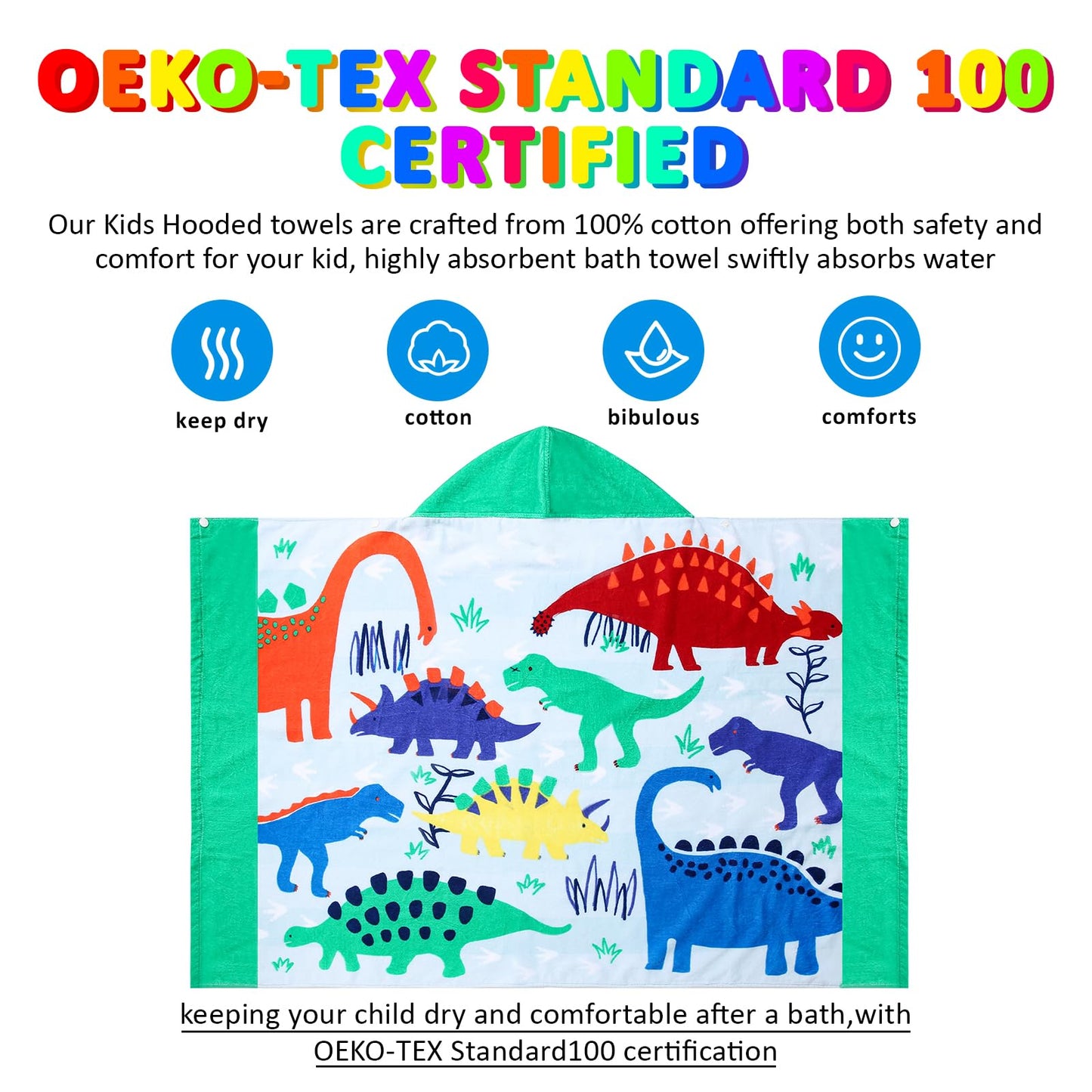 Bavilk Kids Bath Towels, Kids Towel Girls Boys Hooded Beach,Bathroom,Pool Swim Towels 30 × 50 INCH Large Size Ultra Absorbent Cute Cartoon Animal Full Vitality 100% Cotton Dinosaur Towel| Dino