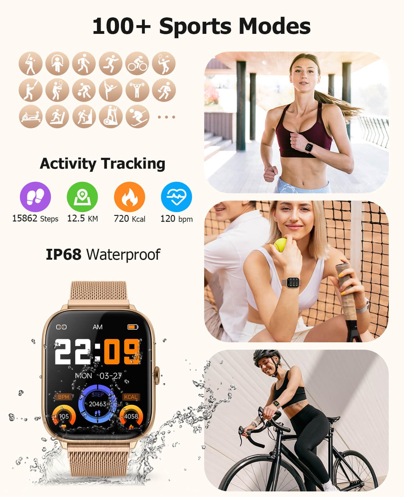 Smart Watch for Women with Blood Pressure Monitor, 2.06" AMOLED Display, IP68 Waterproof Fitness Tracker, 118 Sports Modes, Heart Rate/SpO2/Sleep Monitor, Gift for Her, Compatible with Android iPhone