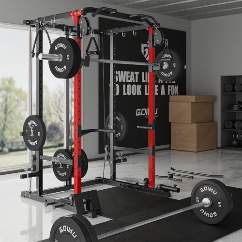 Goimu R1-V4 Power Cage Rack, 2000LB Squat Rack with Cable Crossover System, Multi-Function Weight Cage, Home Gym Workout Machine with More Training Attachments (R1-V4-Power Cage RD)