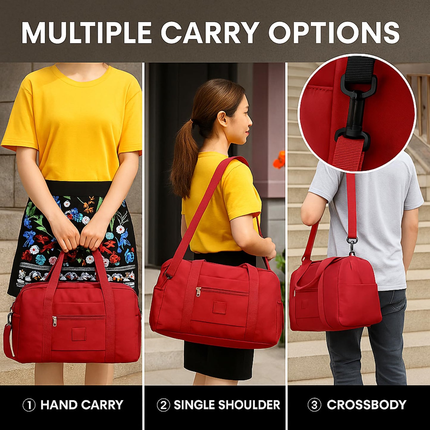 PPDVUUT Folding Duffle Bag for Travel – Large Capacity Waterproof Oxford Cloth Weekender Carry On Tote with Crossbody strap, Lightweight Foldable Gym and Overnight Bag (1, Red, Large)