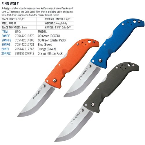 Cold Steel Finn Wolf 3.5in AUS8A Razor-Sharp Straight Back Blade 4.375in Griv-Ex Blaze Orange Handle Hunting Folding Knife, Boxed