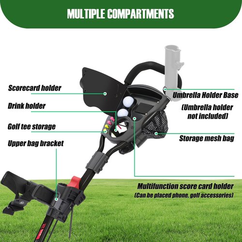 XDriveMax GC27 3 Wheel Golf Push Cart, Golf Trolley Folding Lightweight Bag Pull Cart Caddy Cart for Clubs and Bag with Cup Holder Scorecard Holder/Storage Compartment (Black)