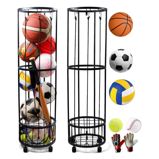 FiloxeniaOasis Upgrated Ball Storage Rack with Small Bottom Ball Holder, 3 Adjustable Elastic Cords Sports Equipment Organizer, Wall-Mounted Basketball Rack for Indoor,Outdoor,Home,Garage
