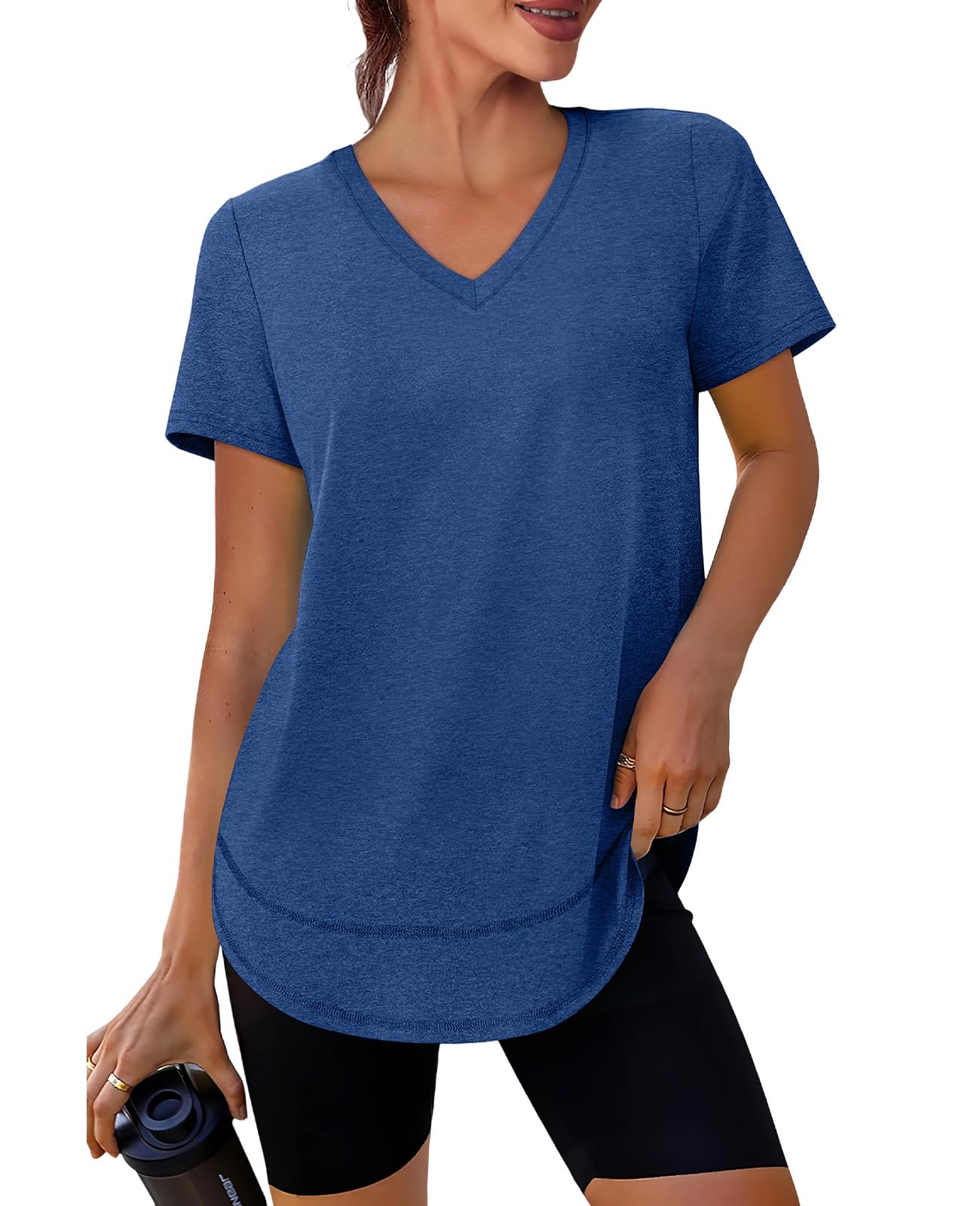Workout Tops for Women Spring Summer Short Sleeve Golf Outfits Gym Essentials Activewear Running Shirts V Neck Blue S