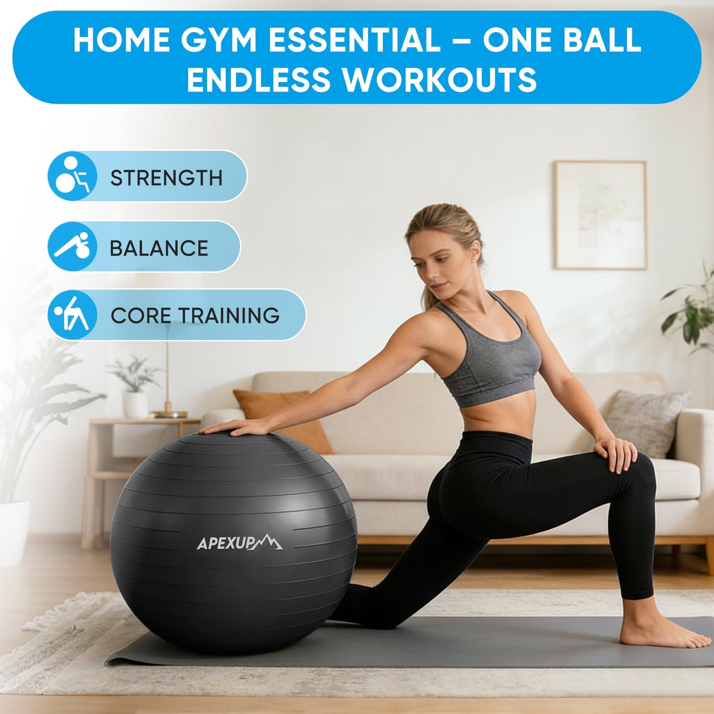 APEXUP Yoga Ball, 660 lbs Anti-Burst Exercise Ball with Pump, 5 Sizes (M (19"~22'') 55cm, Black)
