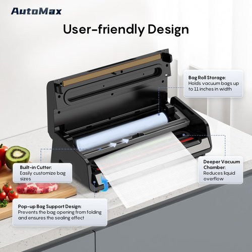 FRESKO Food Vacuum Sealer with Automatic Bag Detection, Double Heat Seal, Built-in Bag Roll Storage & Cutter, 2 Rolls Bags, Starter Kit