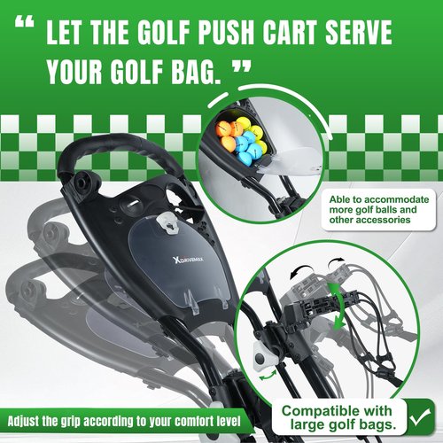 XDriveMax 4 Wheel Golf Push Cart - Aluminum Frame Lightweight, One-Step Foldable Compact Design, Portable Golf Bag Caddy with All-Terrain Wheels