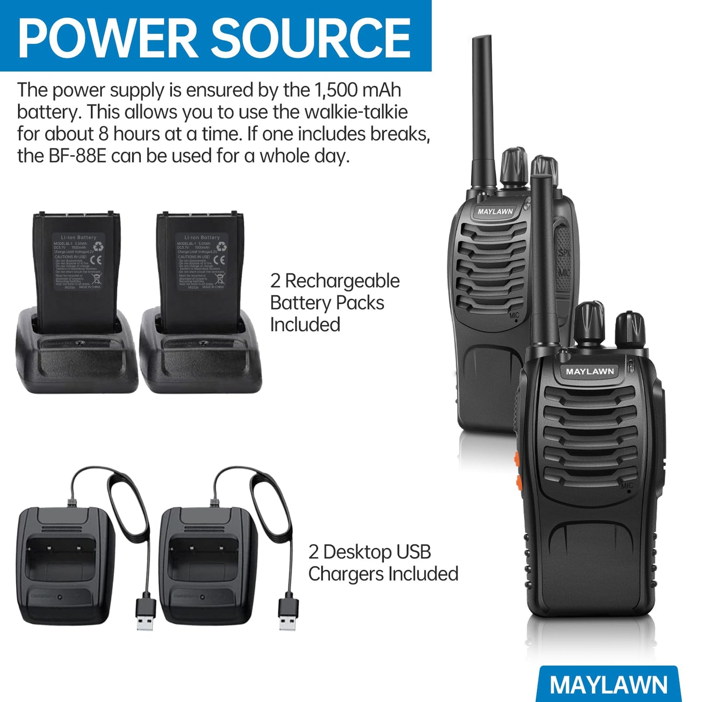 Maylawn Walkie Talkies Pack of 2, Walkie Talkies Long Range for Adults with Rechargeable Batteries, Two Way Radios with LED Light Earpieces and Chargers, 16 Channels, Supports VOX Function