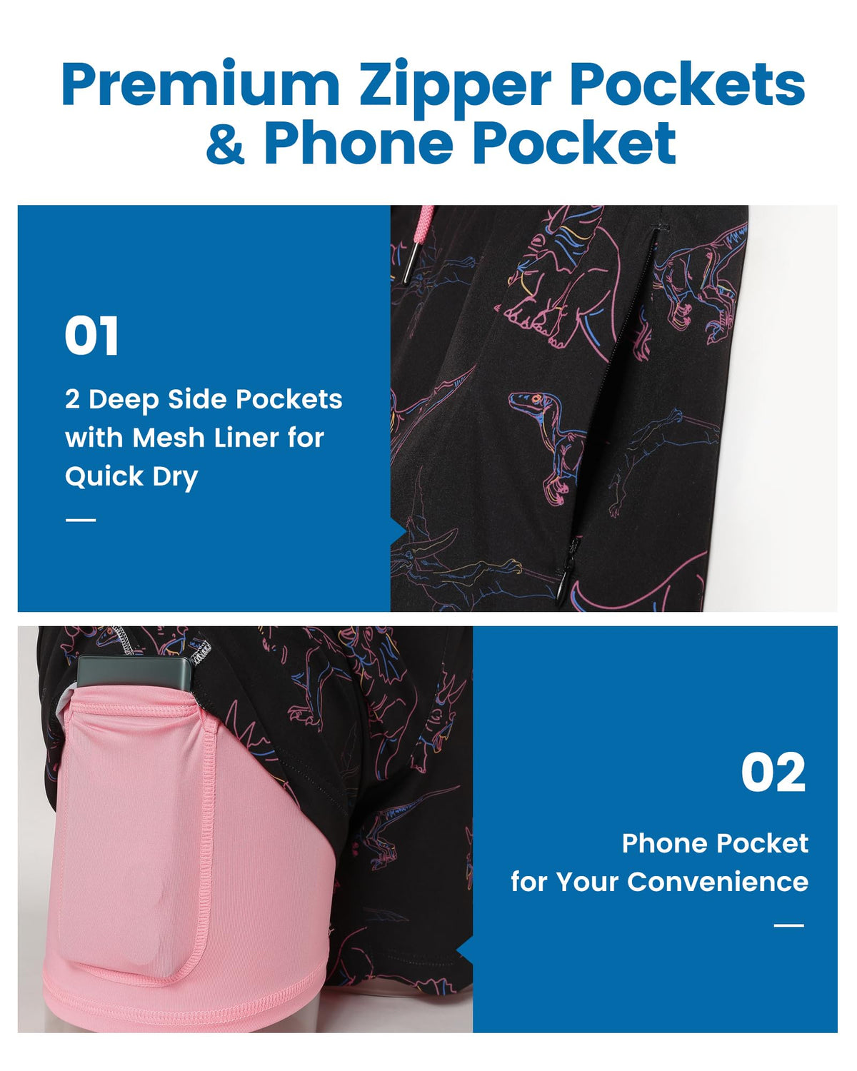 maamgic Mens Swim Trunks with Compression Liner 5 Inch, Quick Dry Bathing Suit with Zipper Pockets, Stretch No-Chafing Swim Shorts, Black-Pink Dinosaur X-Small