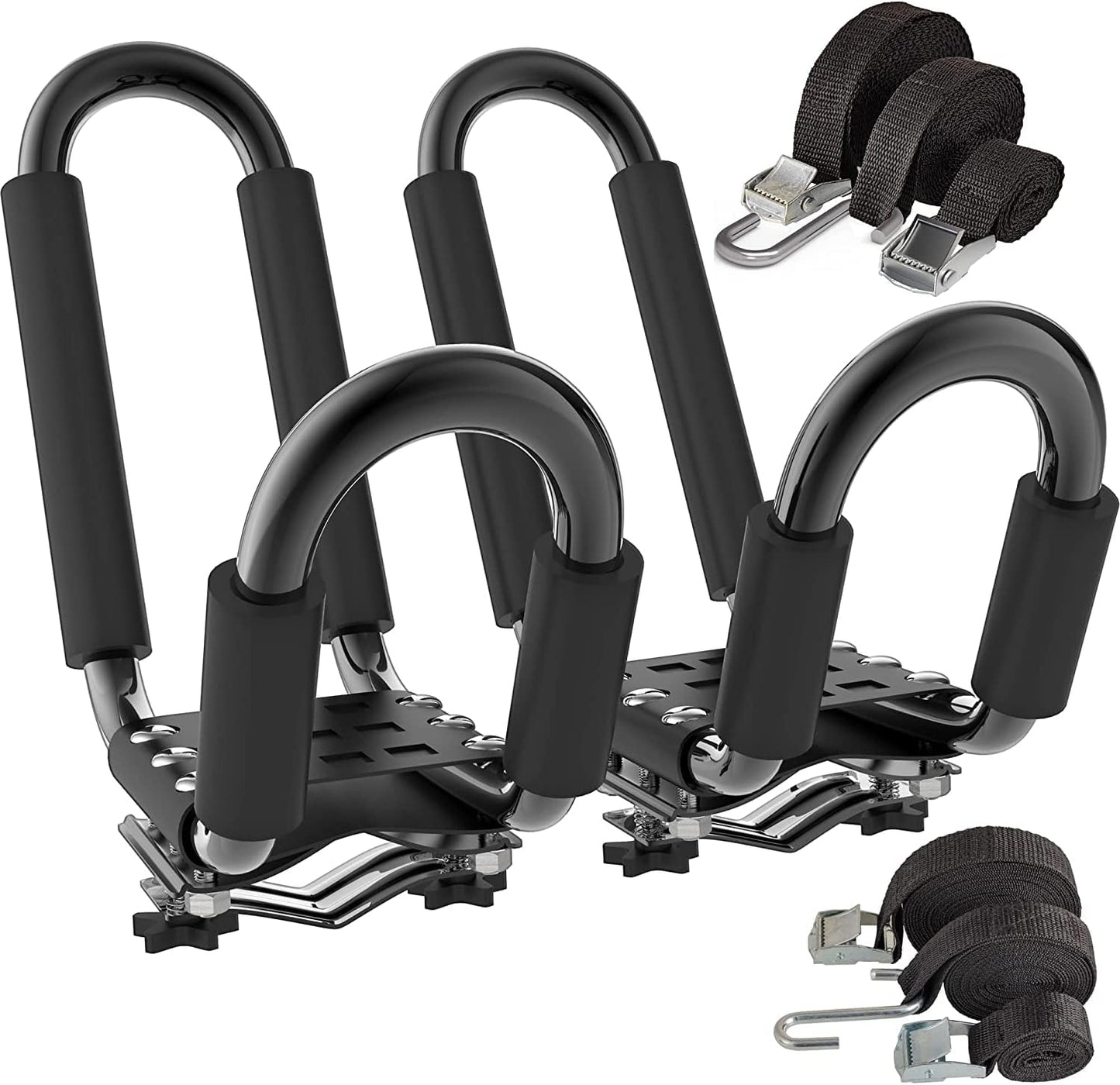 Kayak Roof Racks - J-Bar Hooks Canoe, Surf-Board & Kayaks Carrier - Universal Fit for SUP Roof-top Rack Mount on SUV, Cars, Truck, with Tie Down Straps & Accessories