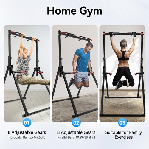 Fenjidrop Foldable Pull Up Bar Stand, 440LBS Capacity Adjustable Height Dip Station for Home Gym, Strength Training Equipment for Calisthenics, Pullups, and Dips