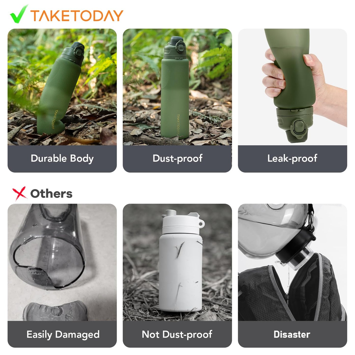 TakeToday Collapsible Water Bottles for International Travel, 32oz Green