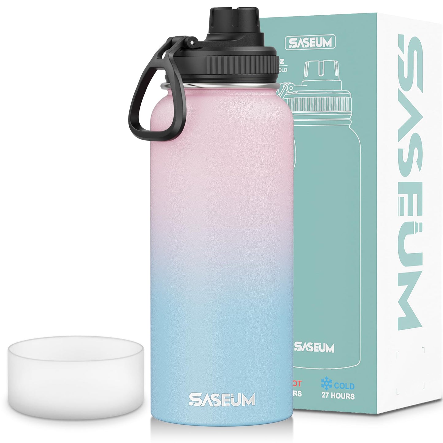SASEUM Sport Water Bottle 32oz Stainless Steel Double Wall Vacuum Thermal Mug with Leak Proof Spout Lids, Wide Mouth Metal Insulated Water Jug for Gym and Travel（Blue Pink）