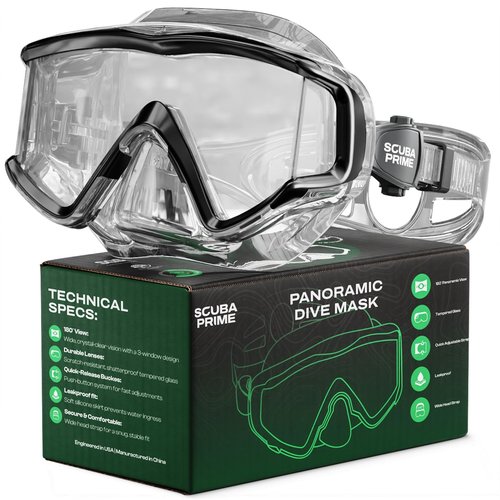 Scuba Prime Pano 3 Scuba Diving Mask, Tempered Glass Snorkel Mask Three-Window Scuba Mask No-Leak Dive Mask Silicone Skirt Diving Mask for Snorkeling and Scuba Use, TransBlack