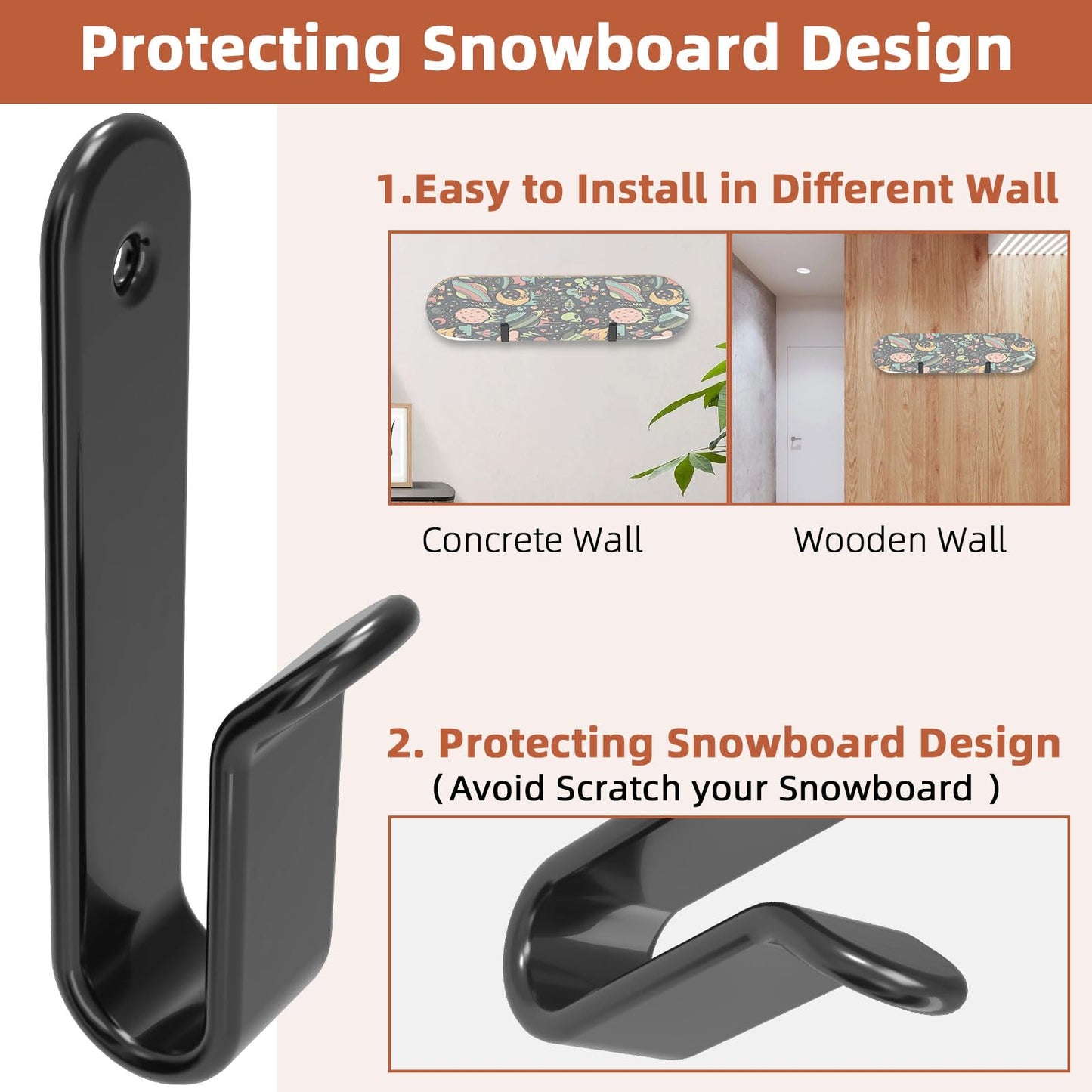 IRENPORU Horizontal Snowboard Wall Mount Clips Snowboard Rack Wall Mount Snowboard Mount Storage Snowboard Wall Mount for Room (Black)