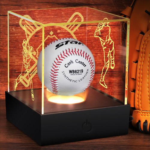 Baseball Display Case with LED Light Baseball Holder Display Case with Engravings, Light Up Baseball Case for Display, UV Protected Clear Acrylic Stand Box for Memorabilia, Softball Golf Baseball Case