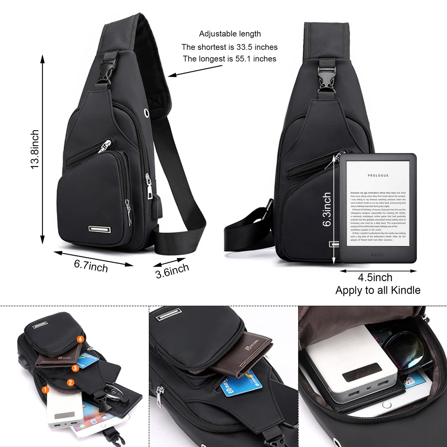 Sling Bag Crossbody Backpack for Men Women with Charger & Headphone Hole