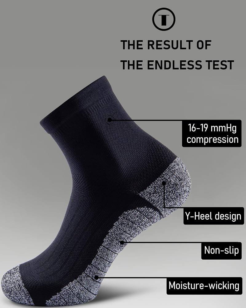 Quarter Compression Socks for Men & Women, Cushioned Athletic Socks - 4 Pairs, Black, Large