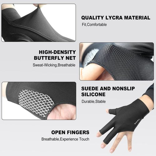YFY Billiards Glove 3 Finger Pool Glove for Left Hand, Durable Double Stitched, Snooker Cue Sport Glove Popular Sizes for Men & Women