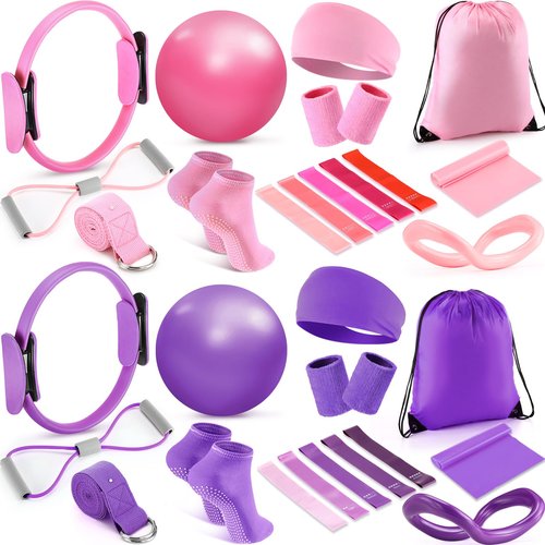 Poen Pilates Ring and Ball Set 30 Pcs Pilates Essentials Kit for Women with Yoga Balls Stretching Strap 8 Shape Resistance Bands Non Slip Socks Wristbands Gym Bags Exercise Equipment for Workout