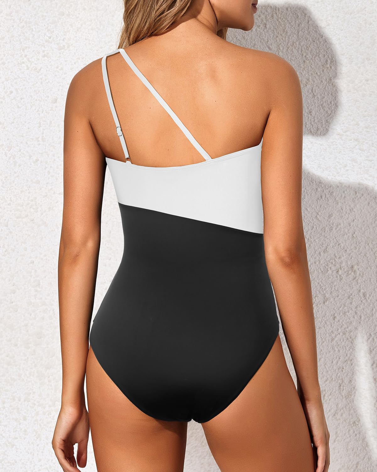 Holipick One Shoulder One Piece Swimsuit for Women Tummy Control Bathing Suits Modest Full Coverage Keyhole Swimwear Black and White