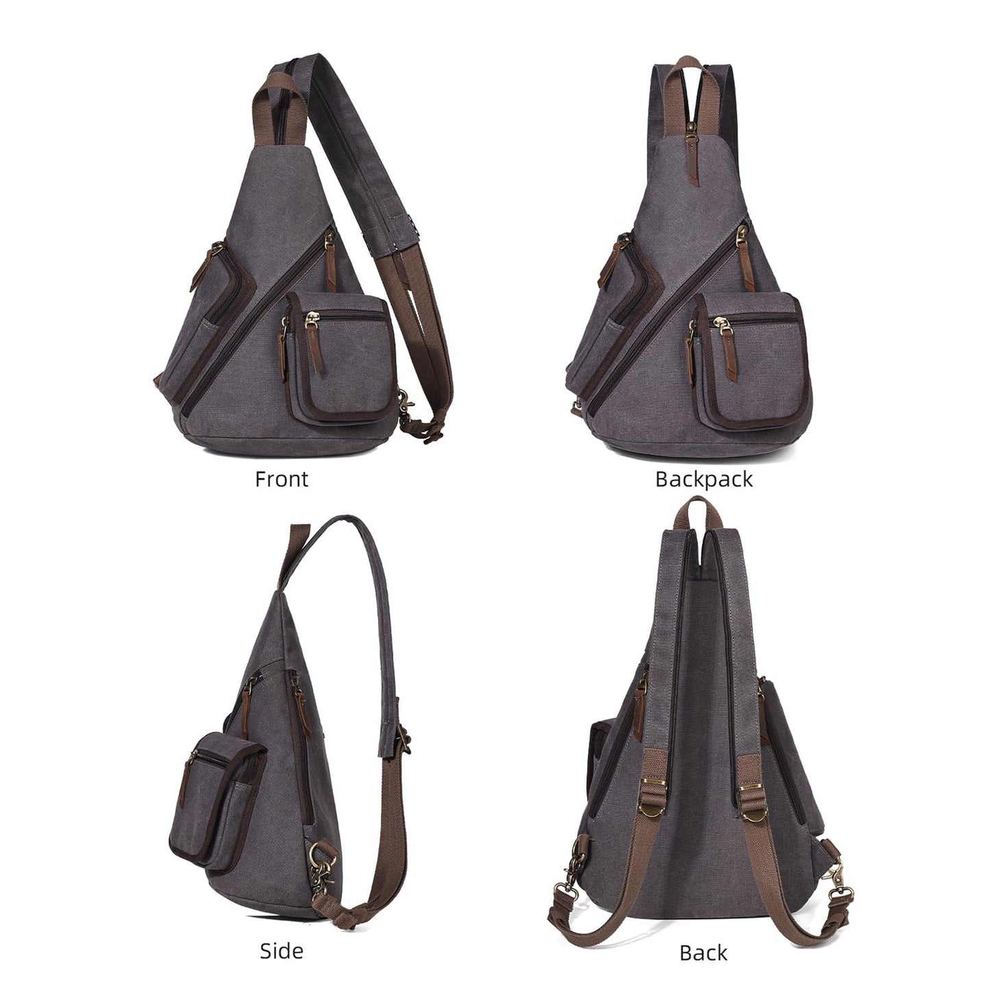 KL928 Canvas Sling Bag - Casual Crossbody Shoulder Daypack Rucksack Backpack for Men Women, Dark Grey
