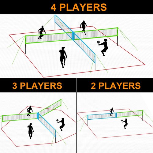 Zdgao Four Way Volleyball Net 14ft x 14ft Height Adjustable 4 Square Volleyball Badminton Outdoor Set for Backyard Lawn Beach Game Play | Come with Soft Volleyball, Hammer and Carry Bag