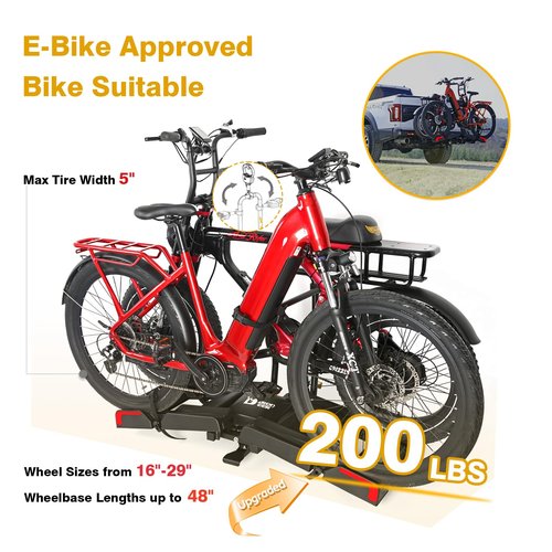 Eco Pro Upgraded 200lbs EBike Rack with Ramp for 2 E-Bikes, Hitch EBike Rack for Cars SUVs Trucks, Foldable Tilting Bike Rack Platform for Tow Hitch 2" Receiver, E-Bike Carrier Fits up to 5" Fat Tire