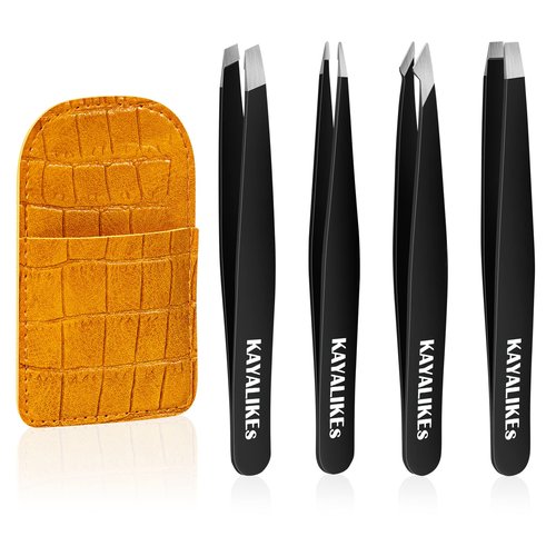 Tweezers Set for Eyebrows, KayaLikes 4 Pcs Precision Tweezers Set for Girls and Women, Excellent at-home Grooming Tools with Leather Case, Black